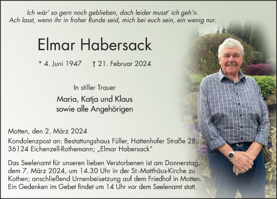 Traueranzeige von Elmar Habersack von FZ