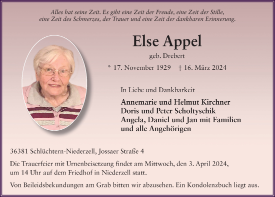 Traueranzeige von Else Appel von FZ