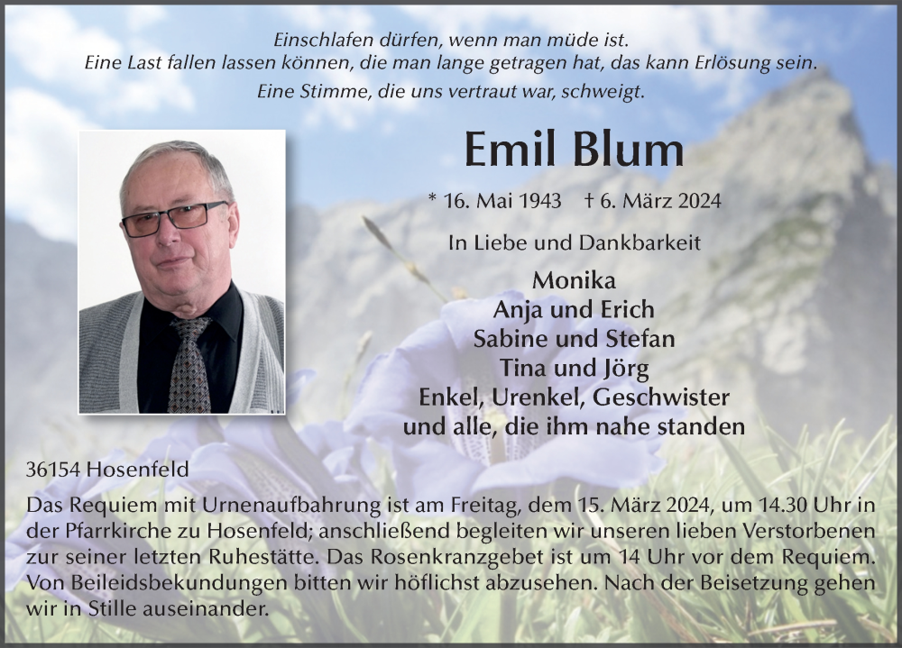  Traueranzeige für Emil Blum vom 12.03.2024 aus FZ
