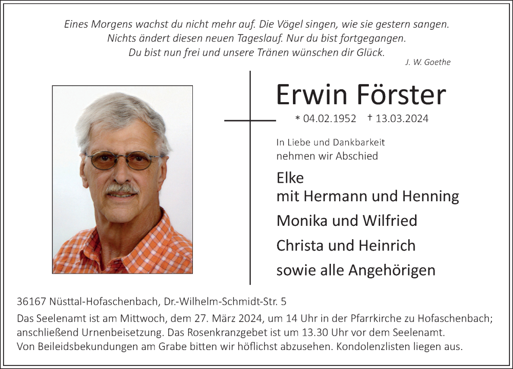  Traueranzeige für Erwin Förster vom 22.03.2024 aus FZ