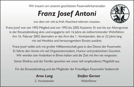 Traueranzeige von Franz Josef Antoni von FZ