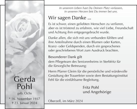 Traueranzeige von Gerda Pohl von FZ