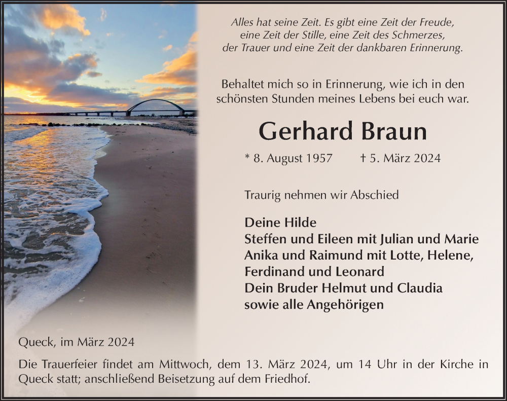  Traueranzeige für Gerhard Braun vom 09.03.2024 aus FZ