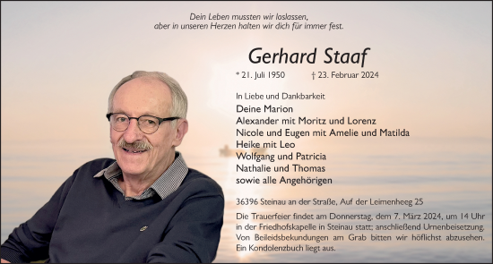 Traueranzeige von Gerhard Staaf von FZ