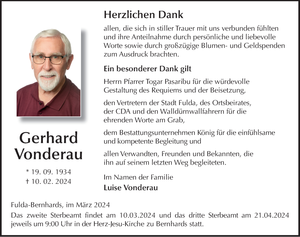  Traueranzeige für Gerhard Vonderau vom 09.03.2024 aus FZ