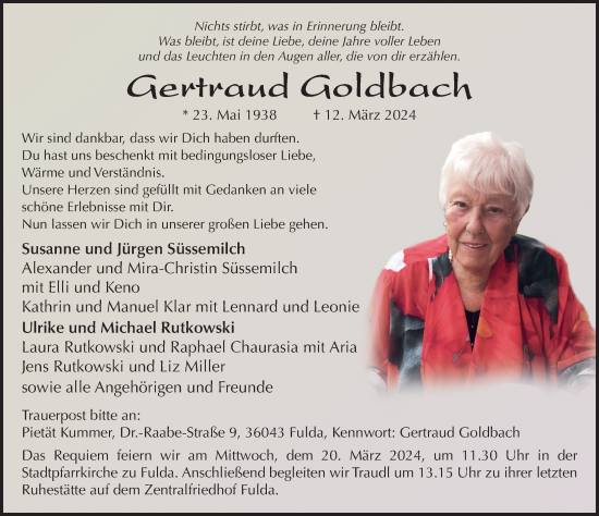 Traueranzeige von Gertraud Goldbach von FZ