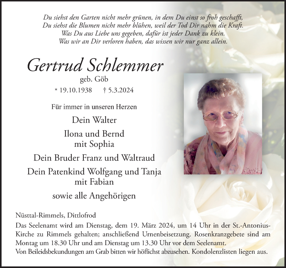  Traueranzeige für Gertrud Schlemmer vom 14.03.2024 aus FZ