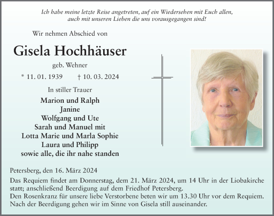 Traueranzeige von Gisela Hochhäuser von FZ