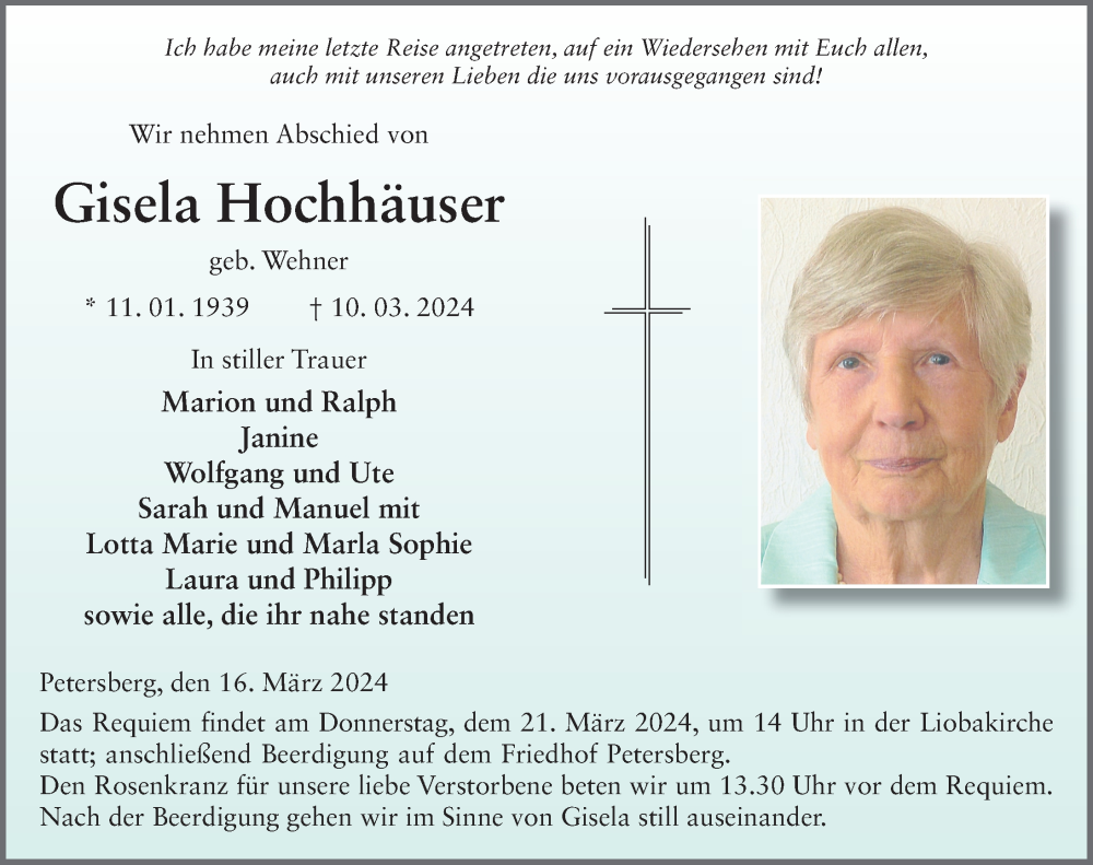  Traueranzeige für Gisela Hochhäuser vom 16.03.2024 aus FZ