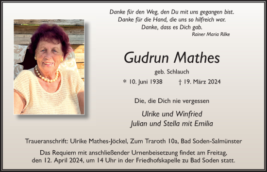 Traueranzeige von Gudrun Mathes von FZ