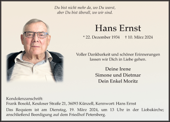 Traueranzeige von Hans Ernst von FZ
