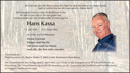 Traueranzeige von Hans Kassa von FZ