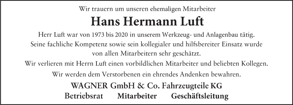  Traueranzeige für Hans Hermann Luft vom 23.03.2024 aus FZ