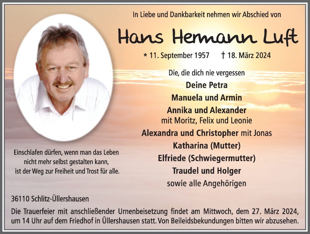  Traueranzeige für Hans Hermann Luft vom 23.03.2024 aus FZ