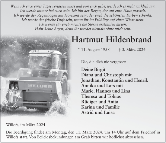 Traueranzeige von Hartmut Hildenbrand von FZ