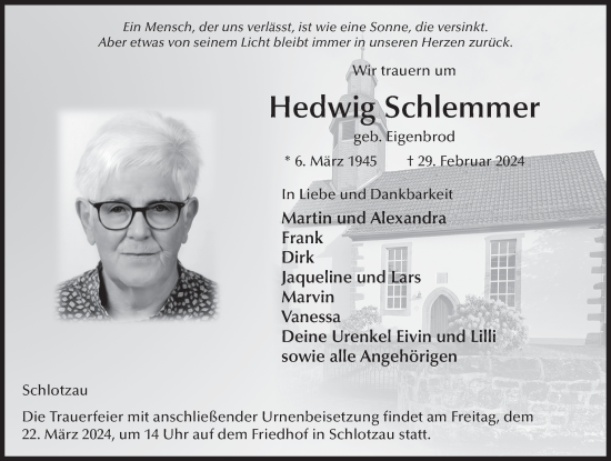 Traueranzeige von Hedwig Schlemmer von FZ