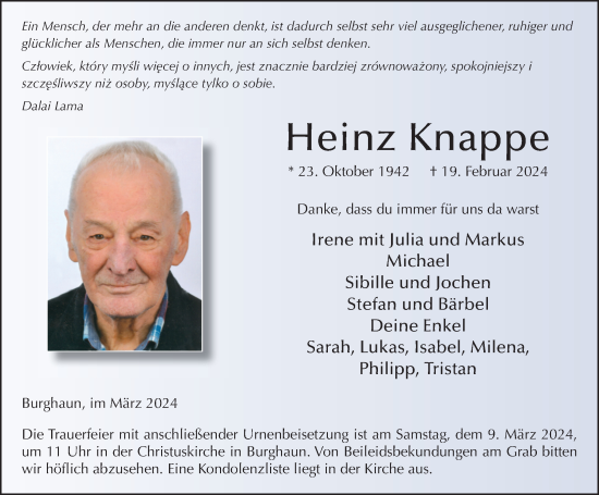 Traueranzeige von Heinz Knappe von FZ
