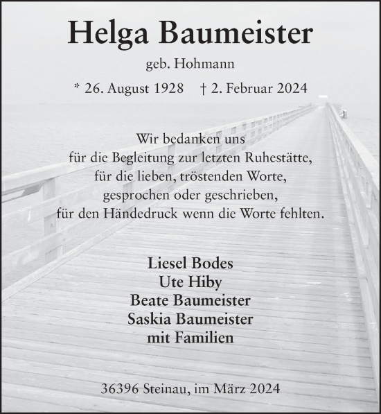Traueranzeige von Helga Baumeister von FZ