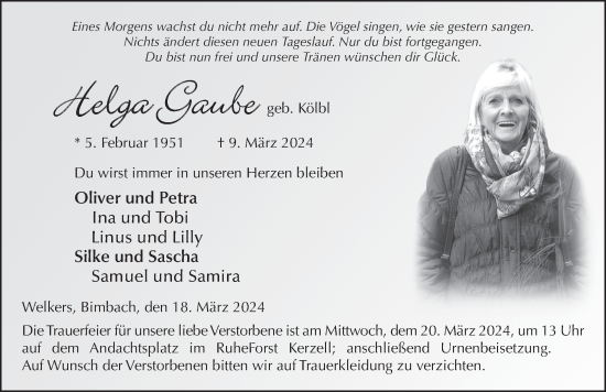 Traueranzeige von Helga Gaube von FZ