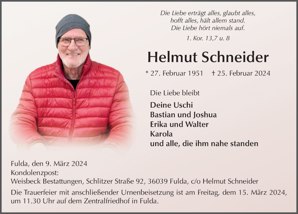  Traueranzeige für Helmut Schneider vom 09.03.2024 aus FZ