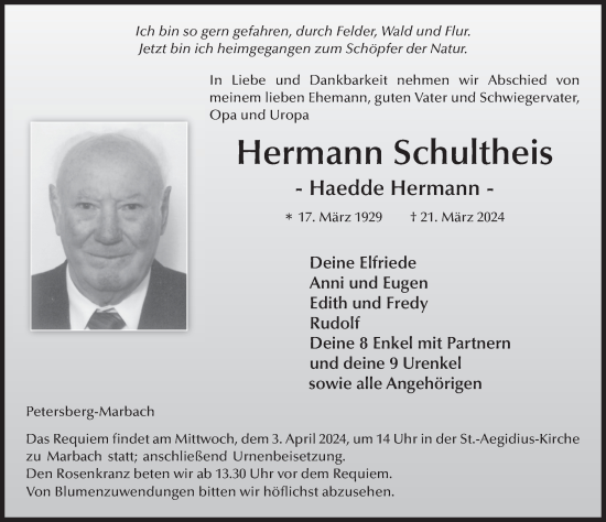 Traueranzeige von Hermann Schultheis von FZ