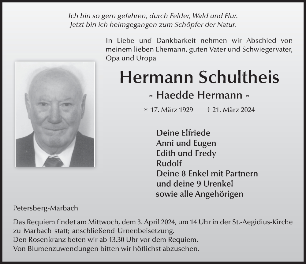  Traueranzeige für Hermann Schultheis vom 30.03.2024 aus FZ