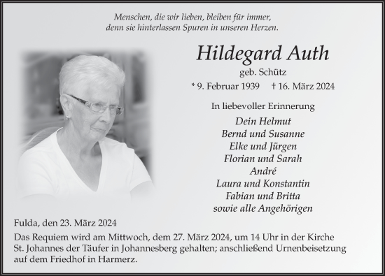 Traueranzeige von Hildegard Auth von FZ