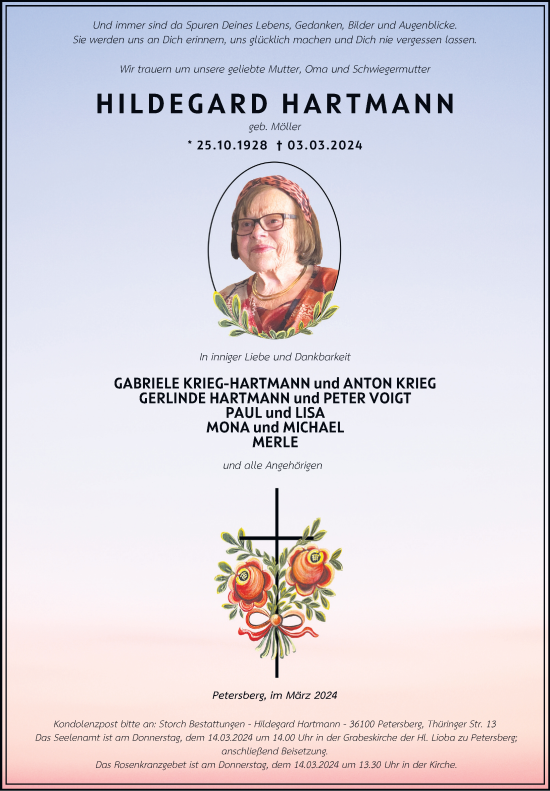 Traueranzeige von Hildegard Hartmann von FZ