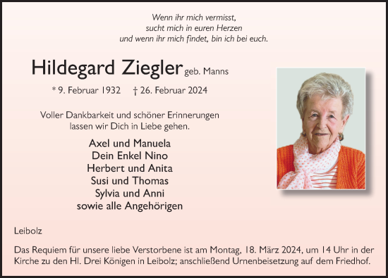 Traueranzeige von Hildegard Ziegler von FZ