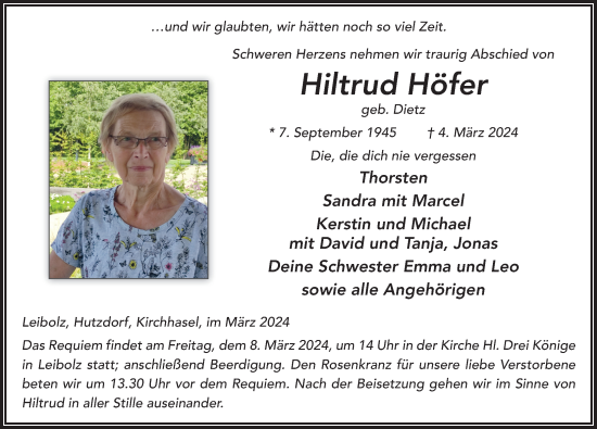 Traueranzeige von Hiltrud Höfer von FZ