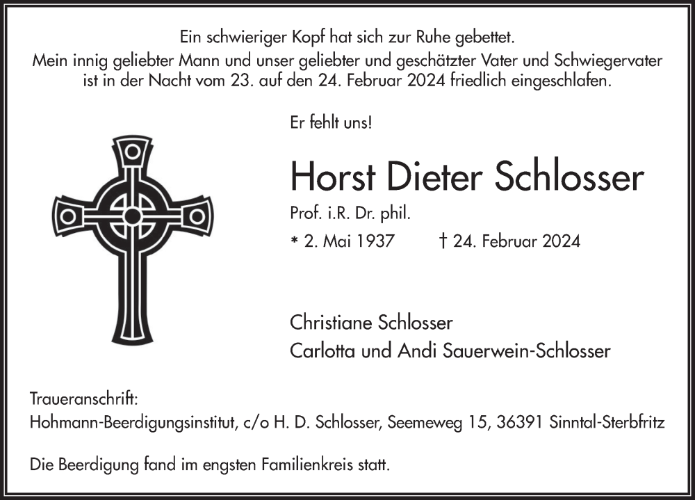  Traueranzeige für Horst Dieter Schlosser vom 16.03.2024 aus FZ