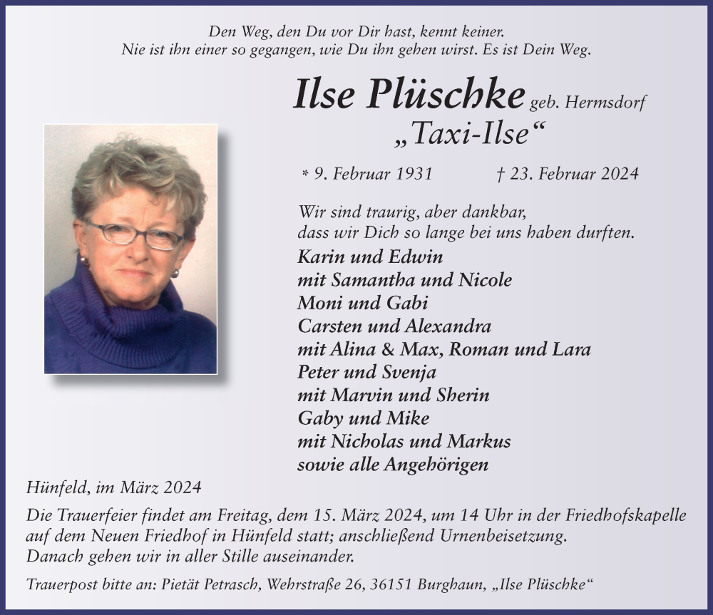  Traueranzeige für Ilse Plüschke vom 12.03.2024 aus FZ