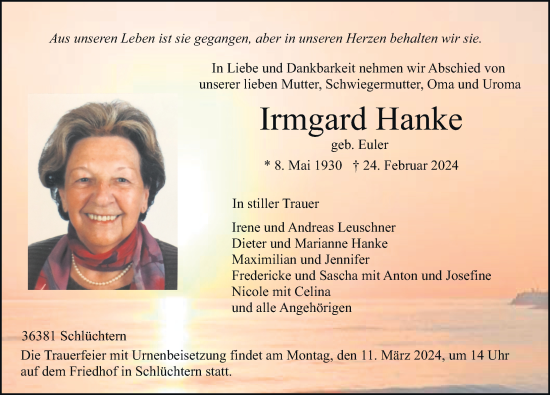 Traueranzeige von Irmgard Hanke von FZ