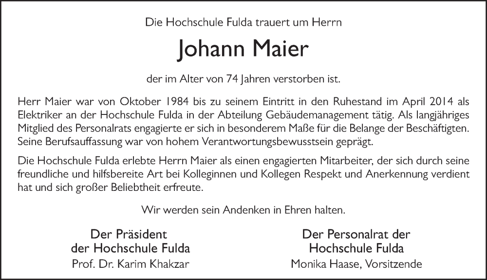  Traueranzeige für Johann Maier vom 16.03.2024 aus FZ