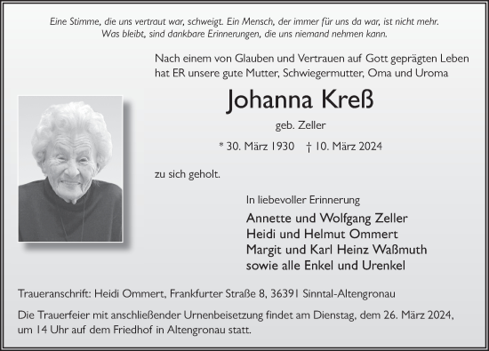 Traueranzeige von Johanna Kreß von FZ