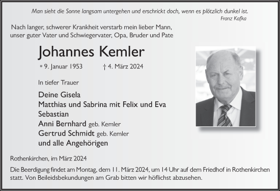 Traueranzeige von Johannes Kemler von FZ