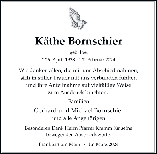 Traueranzeige von Käthe Bornschier von FZ