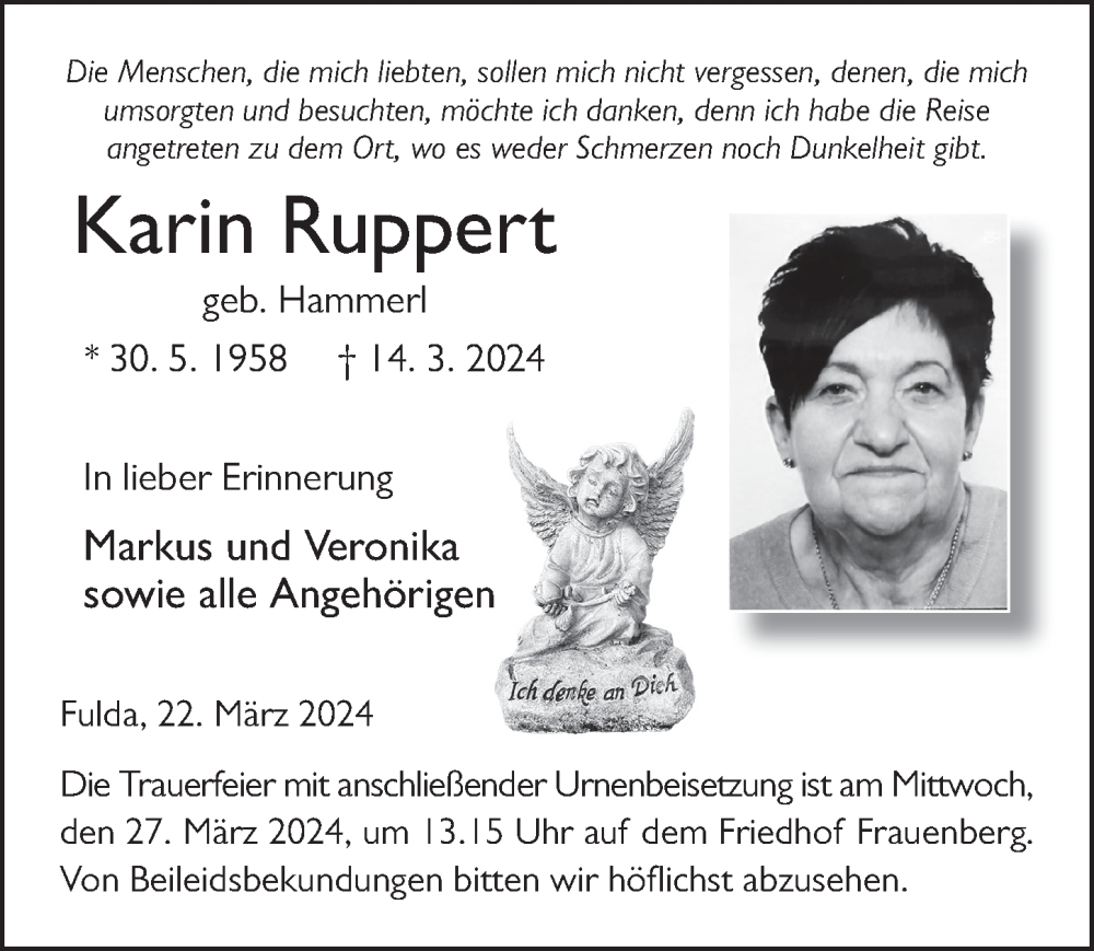  Traueranzeige für Karin Ruppert vom 22.03.2024 aus FZ