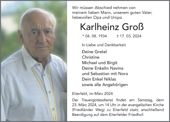 Traueranzeige von Karlheinz Groß von FZ