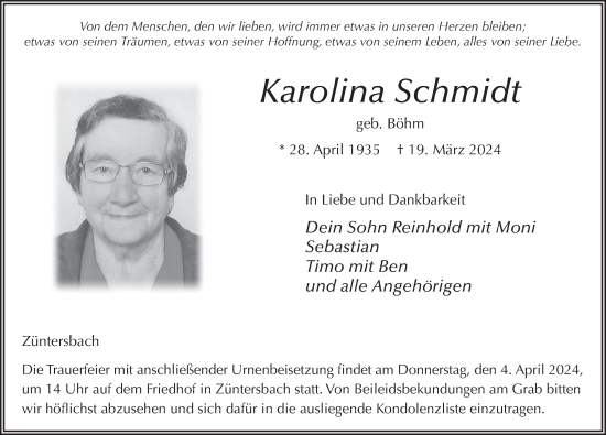 Traueranzeige von Karolina Schmidt von FZ