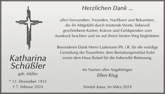 Traueranzeige von Katharina Schüßler von FZ