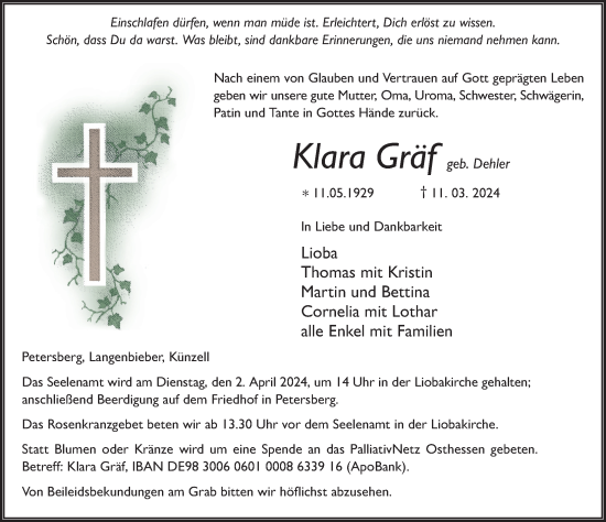 Traueranzeige von Klara Gräf von FZ