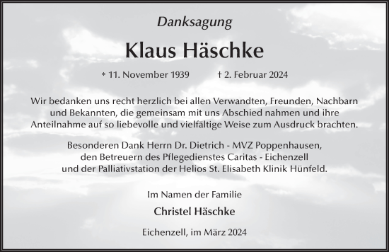 Traueranzeige von Klaus Häschke von FZ