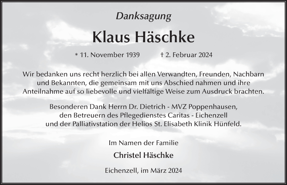  Traueranzeige für Klaus Häschke vom 09.03.2024 aus FZ