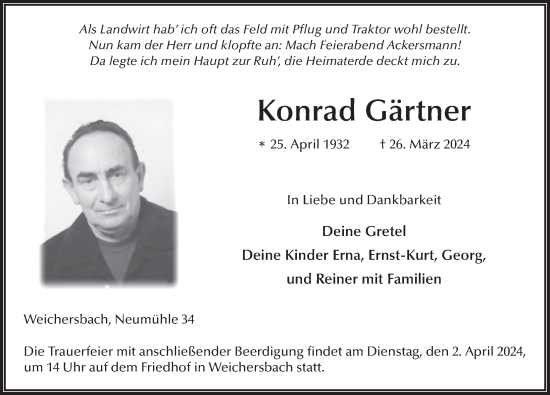 Traueranzeige von Konrad Gärtner von FZ