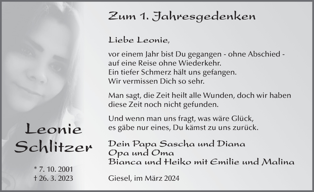  Traueranzeige für Leonie Schlitzer vom 26.03.2024 aus FZ