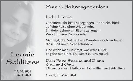 Traueranzeige von Leonie Schlitzer von FZ