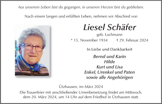 Traueranzeige von Liesel Schäfer von FZ