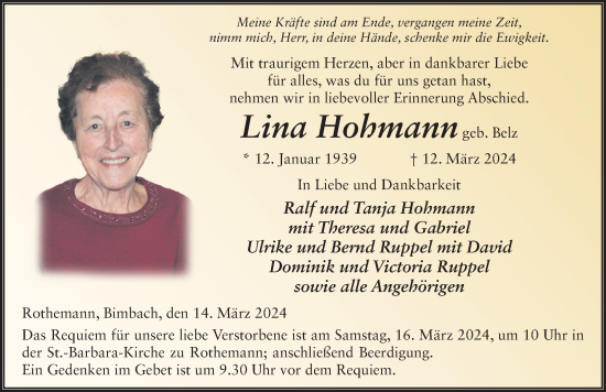 Traueranzeige von Lina Hohmann von FZ