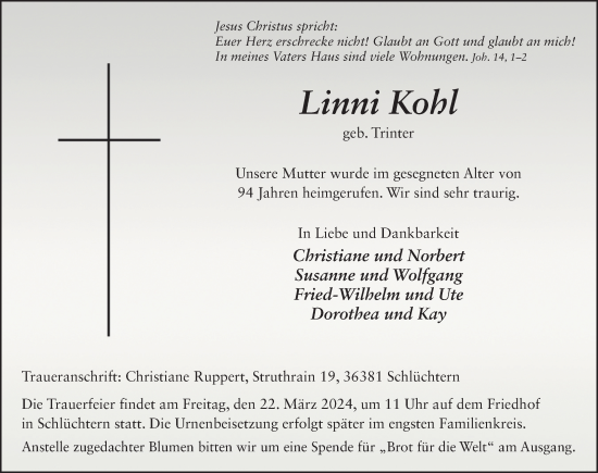 Traueranzeige von Linni Kohl von FZ